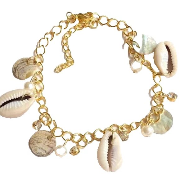 Cowrie Sea Shell Life Anklet 9-11" Pearl Crystal Shells Island Beach Adjustable - Picture 1 of 7
